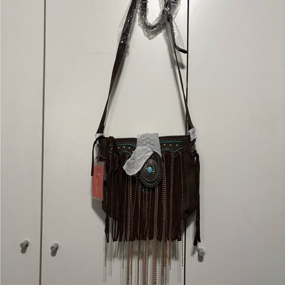 Montana West Brown Fringe Crossbody with Turquoise Accents - Picture 2 of 10